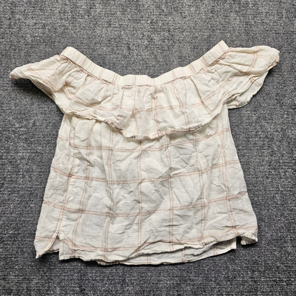 Abercrombie & Fitch Plaid Off Shoulder Ruffle Cotton Gauze Top Cream Pink XS